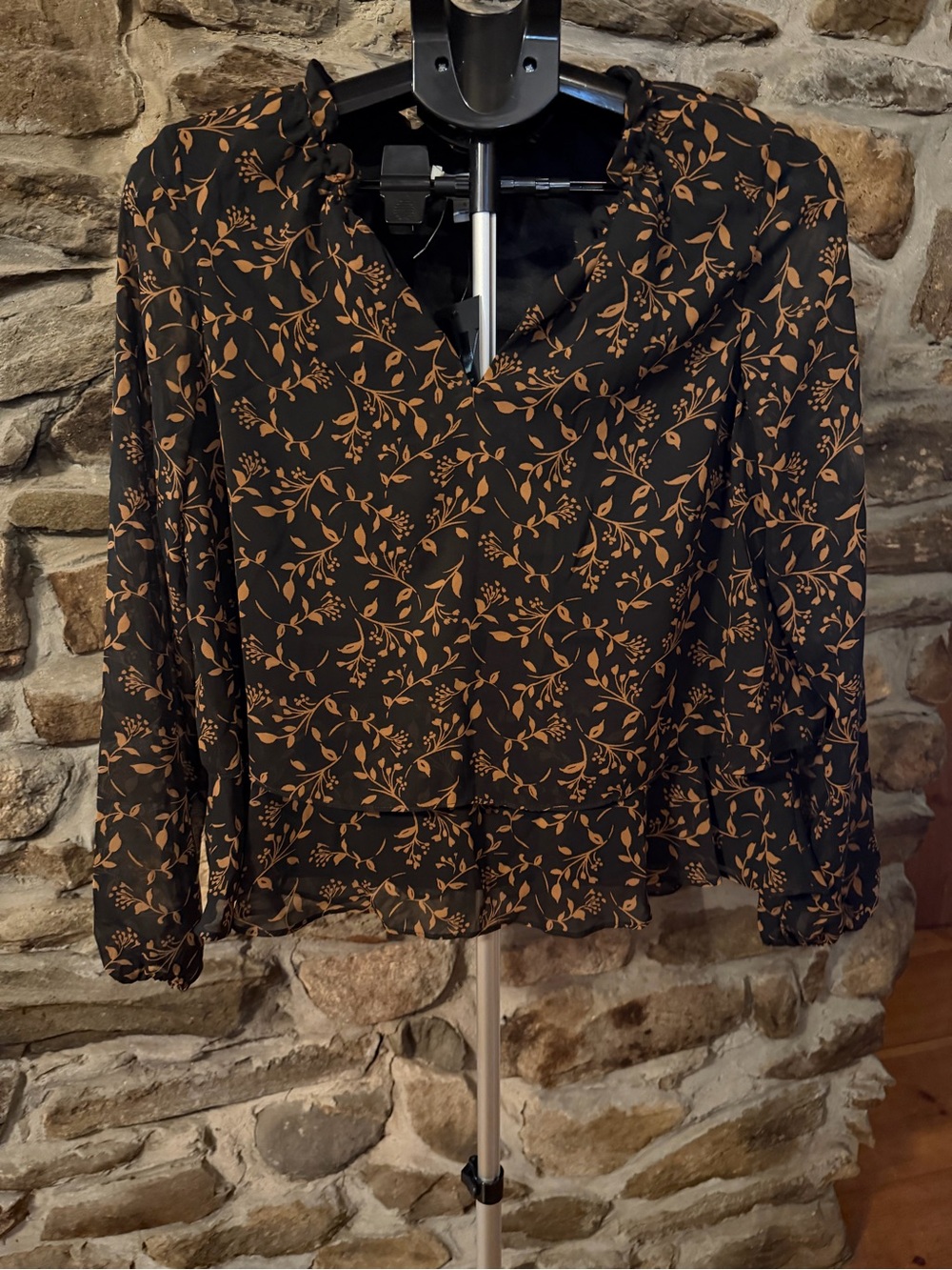 Nine West Black Blouse with Brown Floral Vine Print